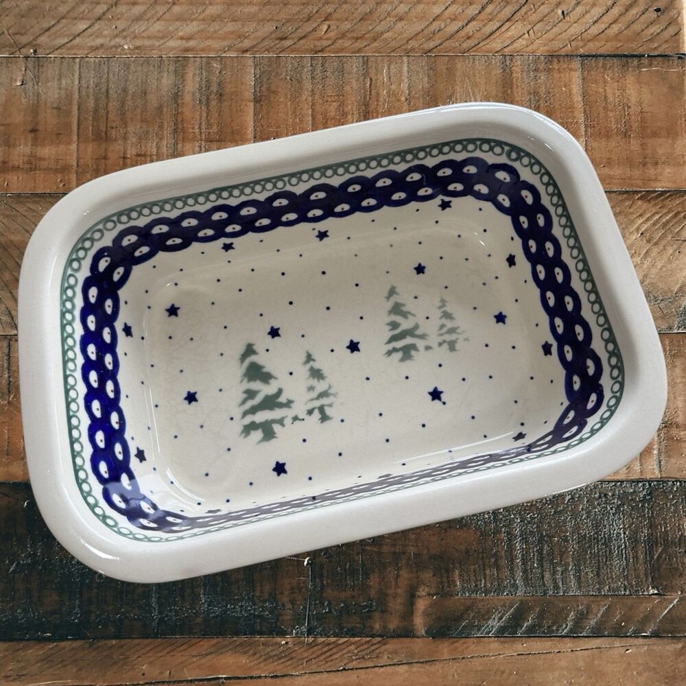 Boleslawiec Polish Pottery Blue White Rectangular Baking Dish 7 x 10 Christmas